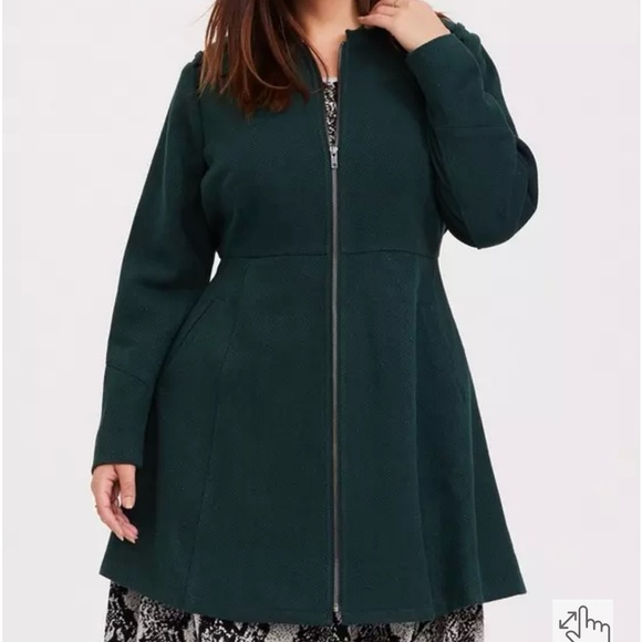 Dark Green Zip-Front Fit And Flare Coat - Picture 1 of 11